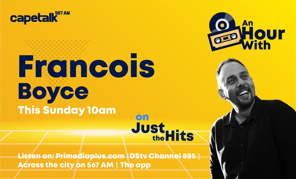 CapeTalk's tweet photo. Are you ready for today's edition of #AnHourWith musician Francois Boyce?
He takes control of the CapeTalk music playlist from 10am to 11am this morning for a special hour of his favourite tracks and music memories from the 80s and 90s.
Don't miss the ultimate throwback hour! https://t.co/LY6UK2pO8I