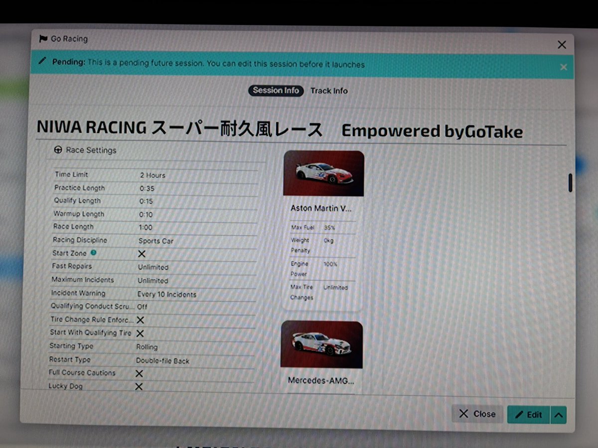 6月29日の21時00分より
iRacing
NIWA RACINGスーパー耐久風レースシリーズ
Empowered by GoTake
岡山国際サーキット
プラクティス35分
予選15分
ウォームアップ10分
決勝60分
実況と配信はニシケンさん
ゲスト三上和美選手、太田達也選手、松島宏樹選手
参加お待ちしてます☺️
youtube.com/live/uotn4iOdz…
