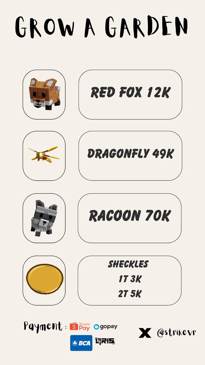 strikevr's tweet image. Haiii! Untuk temen-temen semua yang main Grow A Garden, aku jual nih kebutuhan nya! Order boleh dm atau wa ya link di bio 🫰🏻❤️‍🔥 sheckles, red fox, racoon, dragonfly #zonauang #zonajajan