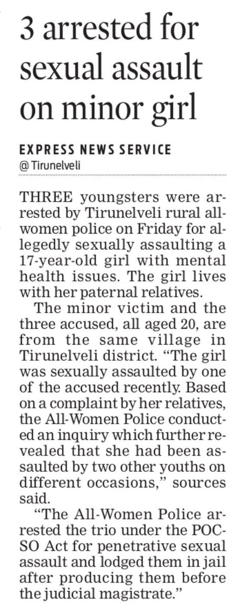 Bharani07442001's tweet image. #Tirunelveli Rural police arrested three 20-year-old men for raping a Minor Girl with #MentalHealth issues under the #POCSO Act
#GirlChildSafety #BetiBachao 
TamilNadu
