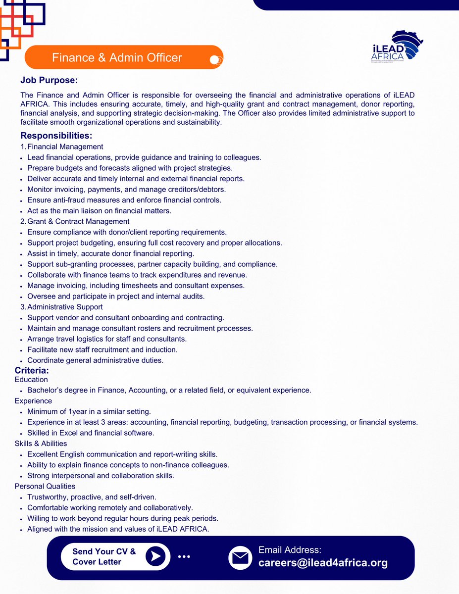 ilead4africa's tweet photo. 📢 One Day to Go!

Applications for our open roles at iLEAD AFRICA close tomorrow, 30th June. Don’t miss your chance to join our team &amp; drive change!

Send your cover letter &amp; CV to: careers@ilead4africa.org , Check the flyer for more info.

#iLeadAfrica #iLEADers #iLEADCareers https://t.co/IOXvPNZ5mI