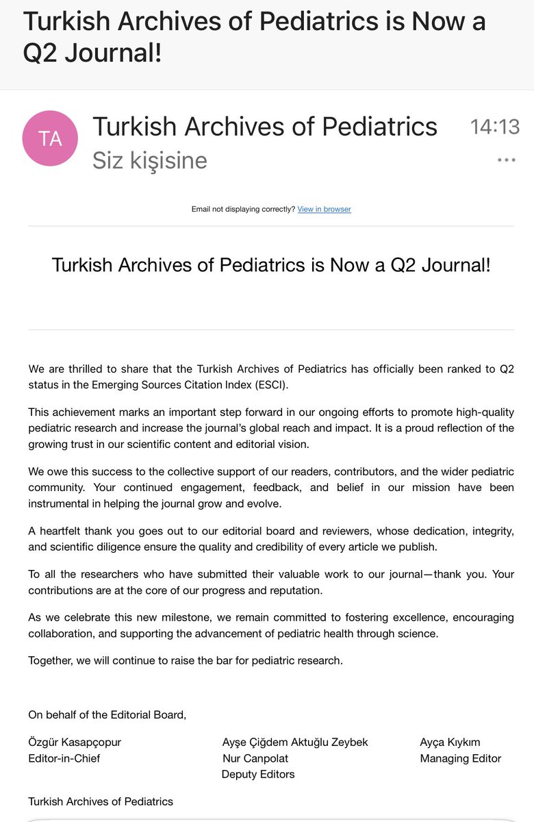 ÖZGÜR KASAPÇOPUR (@kasapcopurozgur) on Twitter photo Turkish Archives of Pediatrics has been awarded the title of Q2 journal in the WOS database. We are very happy and proud. <a href="/PediatriTurk/">Turkish Archives of Pediatrics</a> Turkish Archives of Pediatrics has been awarded the title of Q2 journal in the WOS database. We are very happy and proud. <a href="/PediatriTurk/">Turkish Archives of Pediatrics</a>