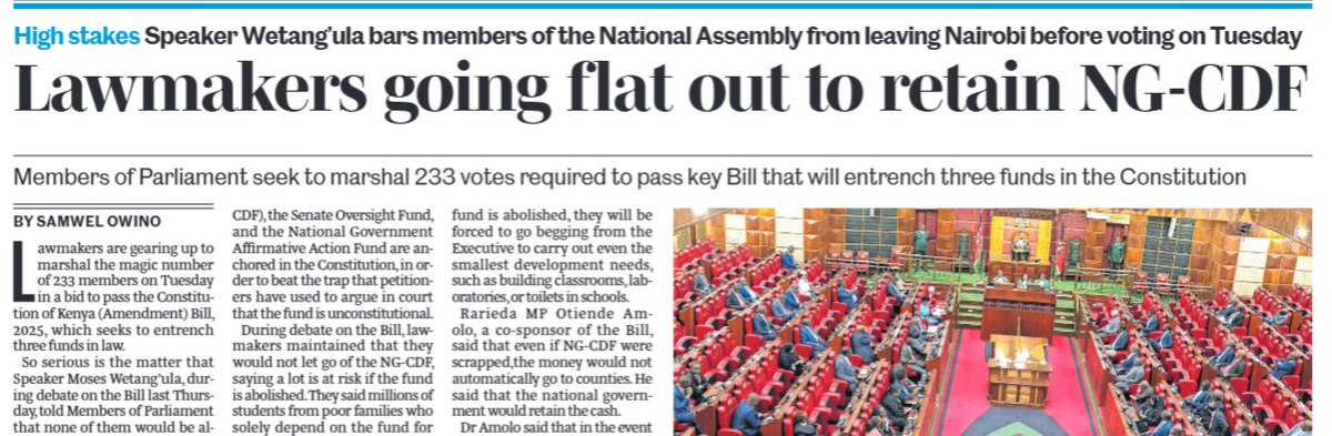 Mzalendo (@mzalendowatch) on Twitter photo MPs are gearing up to marshal the magic number of 233 members on Tuesday in a bid to pass the Constitution of Kenya (Amendment) Bill, 2025, which seeks to entrench three funds in law.
via <a href="/NationAfrica/">Daily Nation</a> MPs are gearing up to marshal the magic number of 233 members on Tuesday in a bid to pass the Constitution of Kenya (Amendment) Bill, 2025, which seeks to entrench three funds in law.
via <a href="/NationAfrica/">Daily Nation</a>