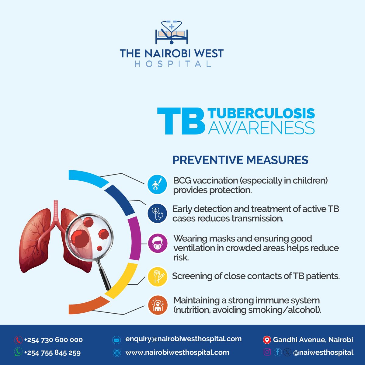 #TB is preventable, and it starts with awareness. 

From BCG vaccination to early detection and healthy habits, every step counts in protecting you and your loved ones.

Let’s stop the spread together.

Visit our main hospital on Gandhi Avenue, Nairobi, for expert screening and