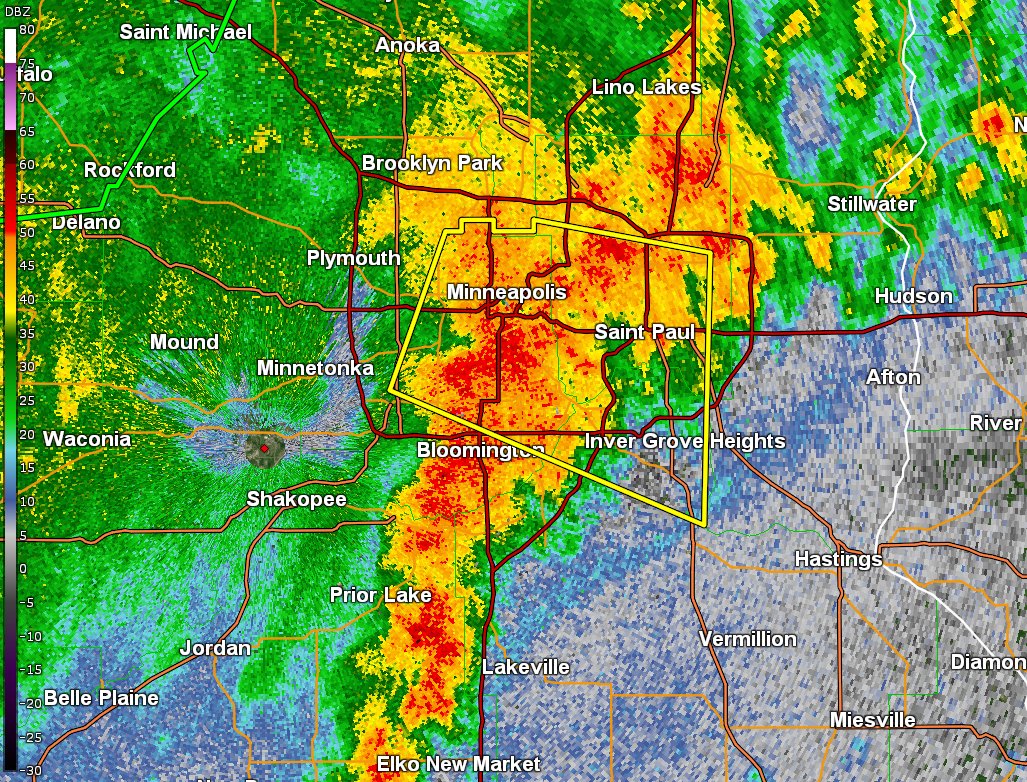 The outflow boundary from the northern metro storms has sunk south toward the 35 split in the southern metro, so it doesn't appear tornadoes are likely in the core metro anymore. Therefore, the tornado warning expired at 1 am. Strong winds and heavy rain are still expected #mnwx