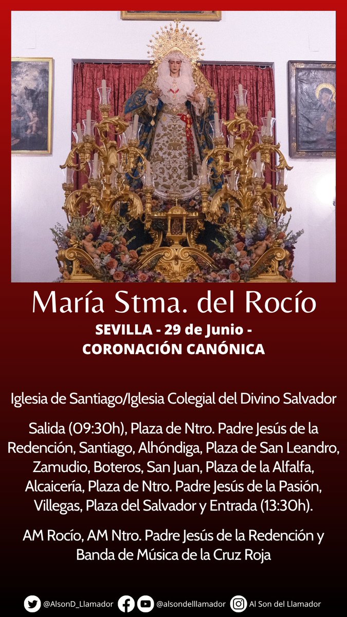 Al Son del Llamador (@alsondllamador) on Twitter photo 🔴 En unos minutos, comenzarán los actos previos a la Coronación de la Virgen del Rocío de <a href="/Hdad_Redencion/">Hermandad de la Redención</a>, con el traslado de la dolorosa hasta la Parroquia del Salvador, donde celebrará su triduo preparatorio.
🎷 Acompañarán <a href="/amrociosevilla/">AM María Stma. del Rocío</a>, <a href="/AMRedencion/">La Redención</a> y <a href="/BandaCruzRoja/">BM Cruz Roja</a>. 🔴 En unos minutos, comenzarán los actos previos a la Coronación de la Virgen del Rocío de <a href="/Hdad_Redencion/">Hermandad de la Redención</a>, con el traslado de la dolorosa hasta la Parroquia del Salvador, donde celebrará su triduo preparatorio.
🎷 Acompañarán <a href="/amrociosevilla/">AM María Stma. del Rocío</a>, <a href="/AMRedencion/">La Redención</a> y <a href="/BandaCruzRoja/">BM Cruz Roja</a>.