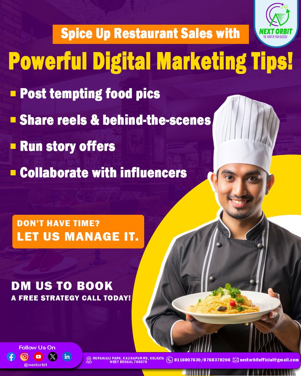 NextOrbit2024's tweet photo. 𝐒𝐩𝐢𝐜𝐞 𝐮𝐩 𝐲𝐨𝐮𝐫 𝐫𝐞𝐬𝐭𝐚𝐮𝐫𝐚𝐧𝐭 𝐬𝐚𝐥𝐞𝐬 with smart digital moves! Let us handle it—DM now for a free strategy call!

𝐂𝐨𝐧𝐭𝐚𝐜𝐭 𝐔𝐬: 8116807630 / 8768378206

#NextOrbit #RestaurantMarketing #DigitalGrowth #FoodBusinessTips #NextOrbitStrategies https://t.co/2SH5t54p62