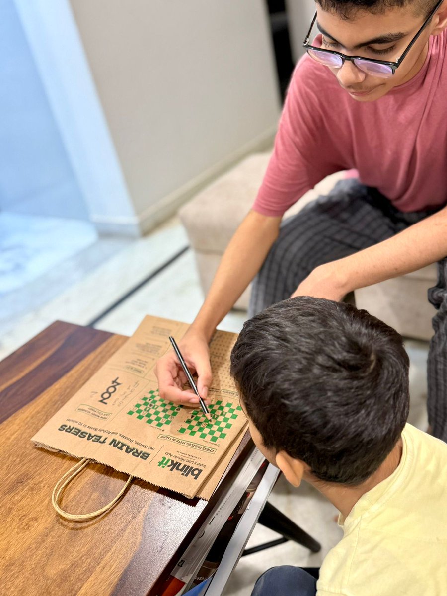 anshulbawa's tweet photo. Hats off to @letsblinkit for using paper delivery bags so brilliantly! Brain teasers, puzzles &amp; chess = no screens, no complaints. Just pure fun &amp; nostalgia. Great way to keep kids engaged without mobiles. Love this thoughtful touch!  #ParentWin #OfflineFun #Blinkit https://t.co/sv3q9u56tL
