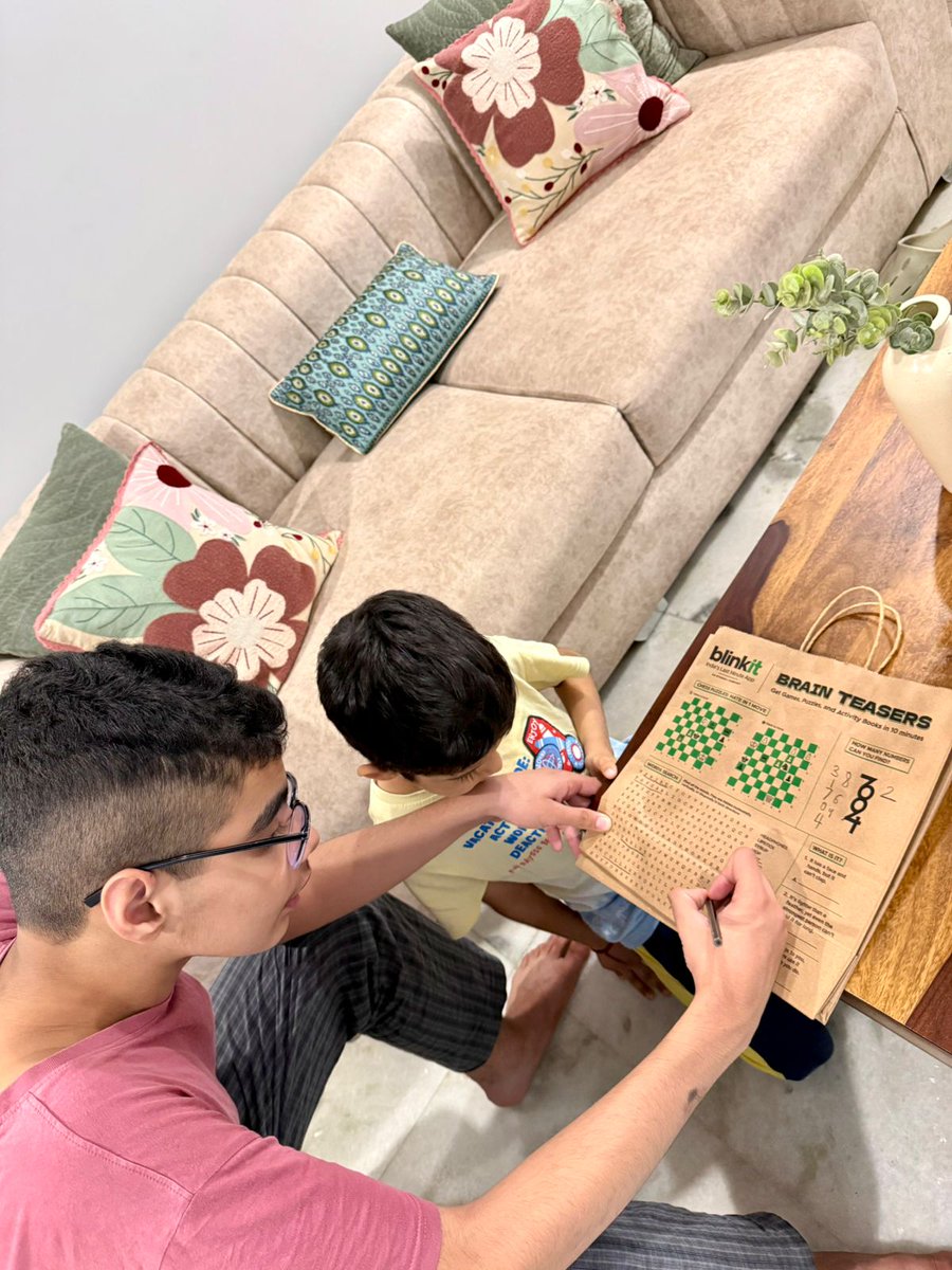 anshulbawa's tweet photo. Hats off to @letsblinkit for using paper delivery bags so brilliantly! Brain teasers, puzzles &amp; chess = no screens, no complaints. Just pure fun &amp; nostalgia. Great way to keep kids engaged without mobiles. Love this thoughtful touch!  #ParentWin #OfflineFun #Blinkit https://t.co/sv3q9u56tL