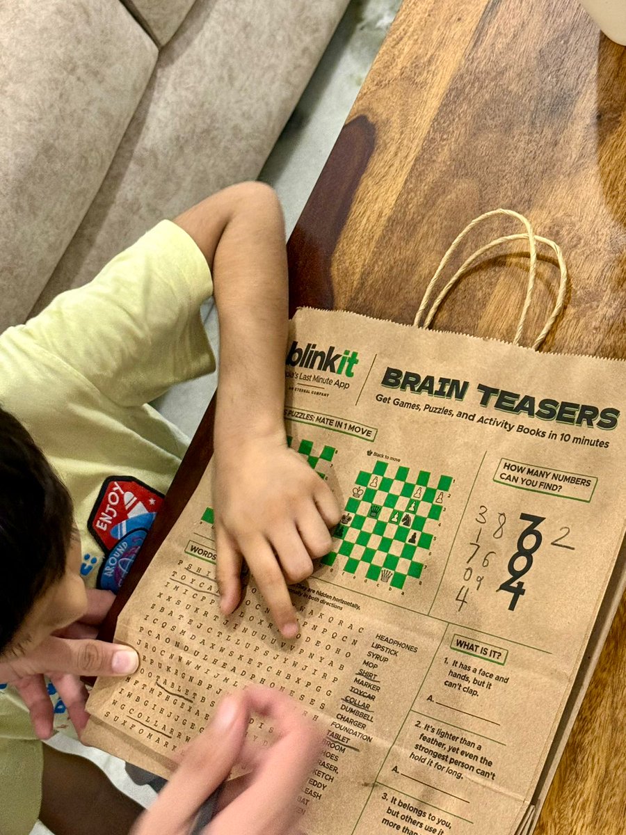 anshulbawa's tweet photo. Hats off to @letsblinkit for using paper delivery bags so brilliantly! Brain teasers, puzzles &amp; chess = no screens, no complaints. Just pure fun &amp; nostalgia. Great way to keep kids engaged without mobiles. Love this thoughtful touch!  #ParentWin #OfflineFun #Blinkit https://t.co/sv3q9u56tL