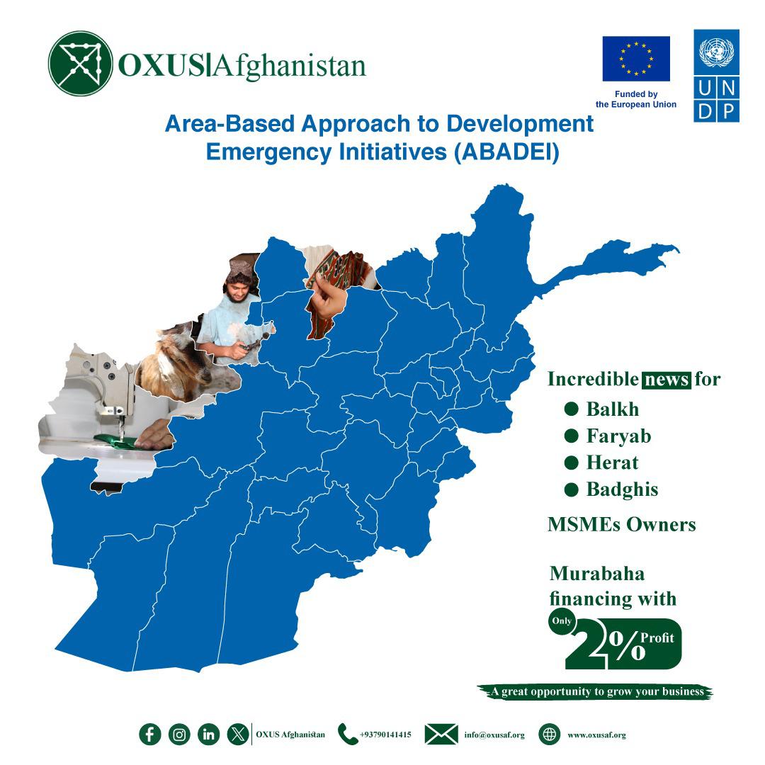 OxusAfghanistan's tweet photo. Proud to partner with UNDP, funded by the EU, to support MSMEs in 4 Afghan provinces.
Through Murabaha, advisory, and grants, we’re driving inclusive growth with Shariah-compliant finance.
#MSME #IslamicFinance #Murabaha #Afghanistan #UNDP #EU #Entrepreneurship #FinancialInclusio https://t.co/UVfGYZULmm