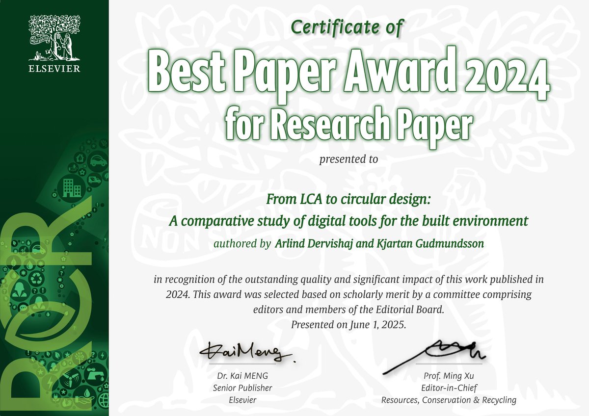 Arlind49682813's tweet photo. Honored to receive the Best Paper Award @RCRjournal @ElsevierConnect for our paper “From #LCA to #circular #design: A comparative study of #digital tools for the #builtenvironment”, selected among 485 papers published in 2024
@KTHuniversity @ReCreate_H2020 https://t.co/NA3sW2dych https://t.co/D1sMoHT3AL
