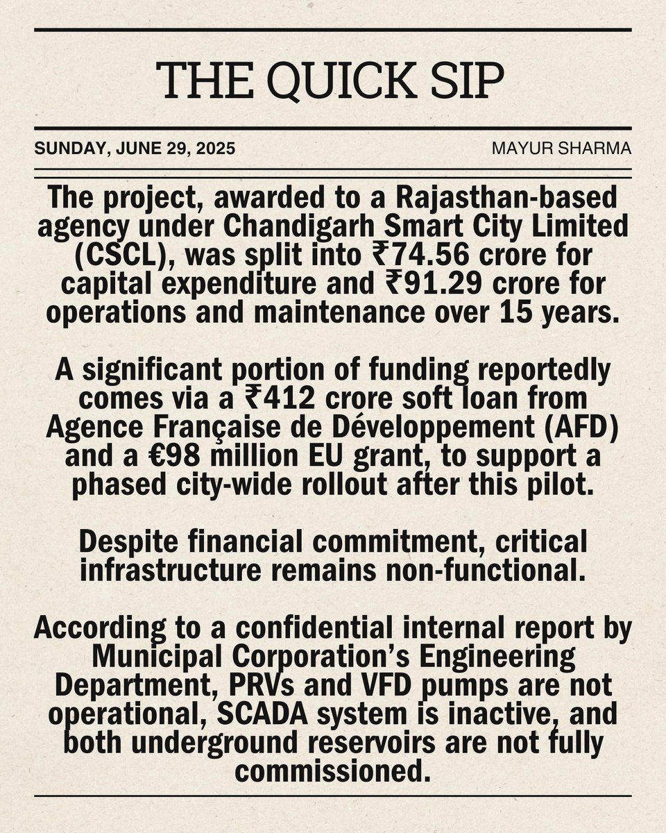 Mayur Sharma (@mayur259) on Twitter photo #WaterNews: Manimajra’s ₹165.86 Crore 24X7 Smart Water Project Fails to Deliver: 13700 Smart Meters, 22 km Pipelines, 4 Water Zones, 2 Underground Reservoirs Still Non-Functional
@crpaatil <a href="/DoWRRDGR_MoJS/">Ministry of Jal Shakti, DoWR, RD&GR, GoI</a> @pibchandigarh @mcChandigarh @Chandigarh_admn @gulab_kataria @manishtewari #WaterNews: Manimajra’s ₹165.86 Crore 24X7 Smart Water Project Fails to Deliver: 13700 Smart Meters, 22 km Pipelines, 4 Water Zones, 2 Underground Reservoirs Still Non-Functional
@crpaatil <a href="/DoWRRDGR_MoJS/">Ministry of Jal Shakti, DoWR, RD&GR, GoI</a> @pibchandigarh @mcChandigarh @Chandigarh_admn @gulab_kataria @manishtewari