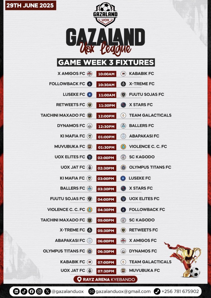 DYNAMOS FOOTBALL CLUB (@realdynamos) on Twitter photo 🚨🚨GAME WEEK 3 FIXTURES‼️‼️
<a href="/RealDynamos/">DYNAMOS FOOTBALL CLUB</a> Vs <a href="/Since1900FC/">Ballers FC</a>
12:30pm
AND
<a href="/RealDynamos/">DYNAMOS FOOTBALL CLUB</a> Vs <a href="/OTitanz/">Olympus Titans FC</a>
6:30pm
#UOXLeague 🚨🚨GAME WEEK 3 FIXTURES‼️‼️
<a href="/RealDynamos/">DYNAMOS FOOTBALL CLUB</a> Vs <a href="/Since1900FC/">Ballers FC</a>
12:30pm
AND
<a href="/RealDynamos/">DYNAMOS FOOTBALL CLUB</a> Vs <a href="/OTitanz/">Olympus Titans FC</a>
6:30pm
#UOXLeague