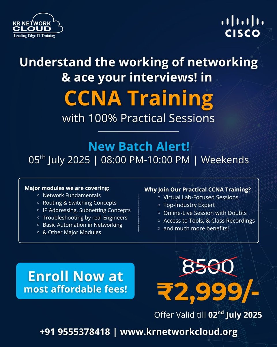 KRNetworkCloud1's tweet image. 𝐀𝐝𝐯𝐚𝐧𝐜𝐞 𝐘𝐨𝐮𝐫 𝐍𝐞𝐭𝐰𝐨𝐫𝐤𝐢𝐧𝐠 𝐂𝐚𝐫𝐞𝐞𝐫 𝐰𝐢𝐭𝐡 𝐂𝐞𝐫𝐭𝐢𝐟𝐢𝐞𝐝 𝐂𝐂𝐍𝐀 𝐓𝐫𝐚𝐢𝐧𝐢𝐧𝐠 – 𝐍𝐨𝐰 𝐚𝐭 𝐚 𝐒𝐩𝐞𝐜𝐢𝐚𝐥 𝐋𝐢𝐦𝐢𝐭𝐞𝐝-𝐓𝐢𝐦𝐞 𝐎𝐟𝐟𝐞𝐫
𝐖𝐚𝐬 ₹𝟖,𝟓𝟎𝟎/- → 𝐍𝐨𝐰 𝐎𝐧𝐥𝐲 ₹𝟐,𝟗𝟗𝟗/-
#CCNATraining #NetworkingCertification