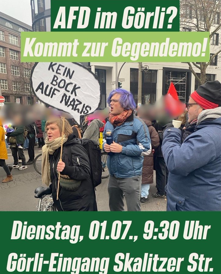 nk_12049's tweet photo. AfD-Parteifunktionäre wollen am Dienstag, den 01.07.2025, den Görlitzer Park begehen und ein Parteistrategiepapier vorstellen.
Dagegen richtet sich eine Demo um 9:30 Uhr.
Infos: https://t.co/rM2nykuIOe
Kommt zur Demo! No pasaran!
#b0107 #Noafd @Goerlizaunfrei https://t.co/pl6PWWHNnA