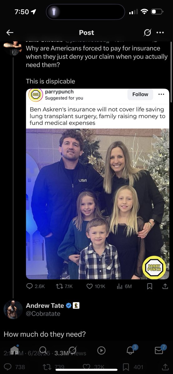 MyronGainesX's tweet image. Ben Askren’s fighting for a lung transplant his insurance won’t cover, and he’s hosting a fundraiser to make it happen. 

Most influencers would just tweet, “How can I help?” Not Andrew Tate. 

He cut straight to the point: “How much?” 

That’s why I’m proud to call Andrew a…