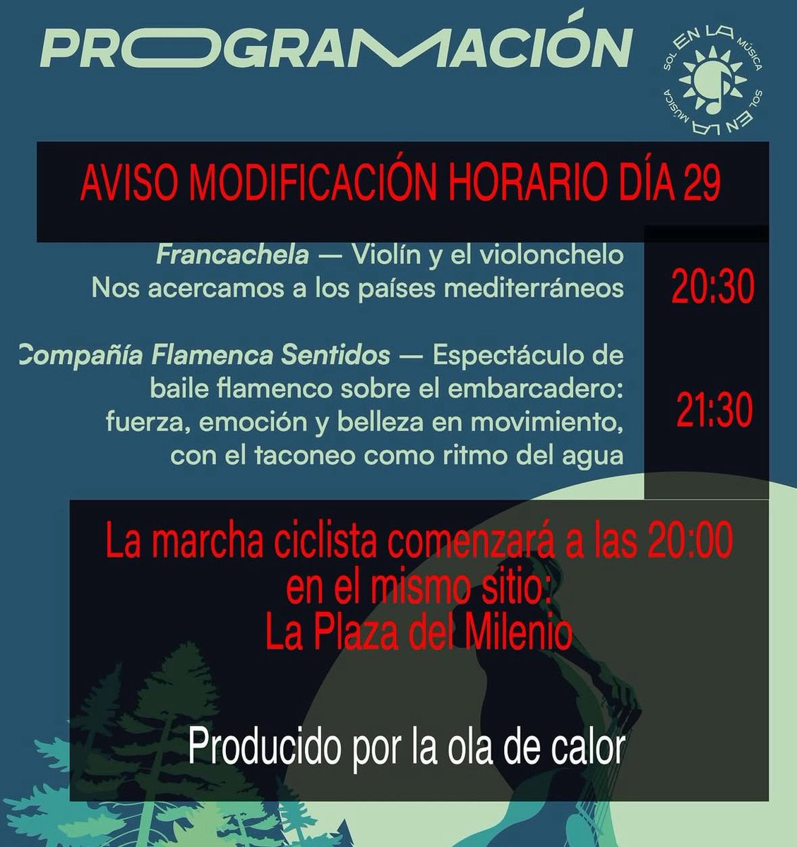 Está tarde el nuevo concierto de #SolEnLaMúsica retrasa el inicio a las 20:30 horas debido a la hora de calor. 

Os esperamos en los embarcaderos del Parque Ribera de Castilla con Francachela y Compañía Flamenca Sentidos