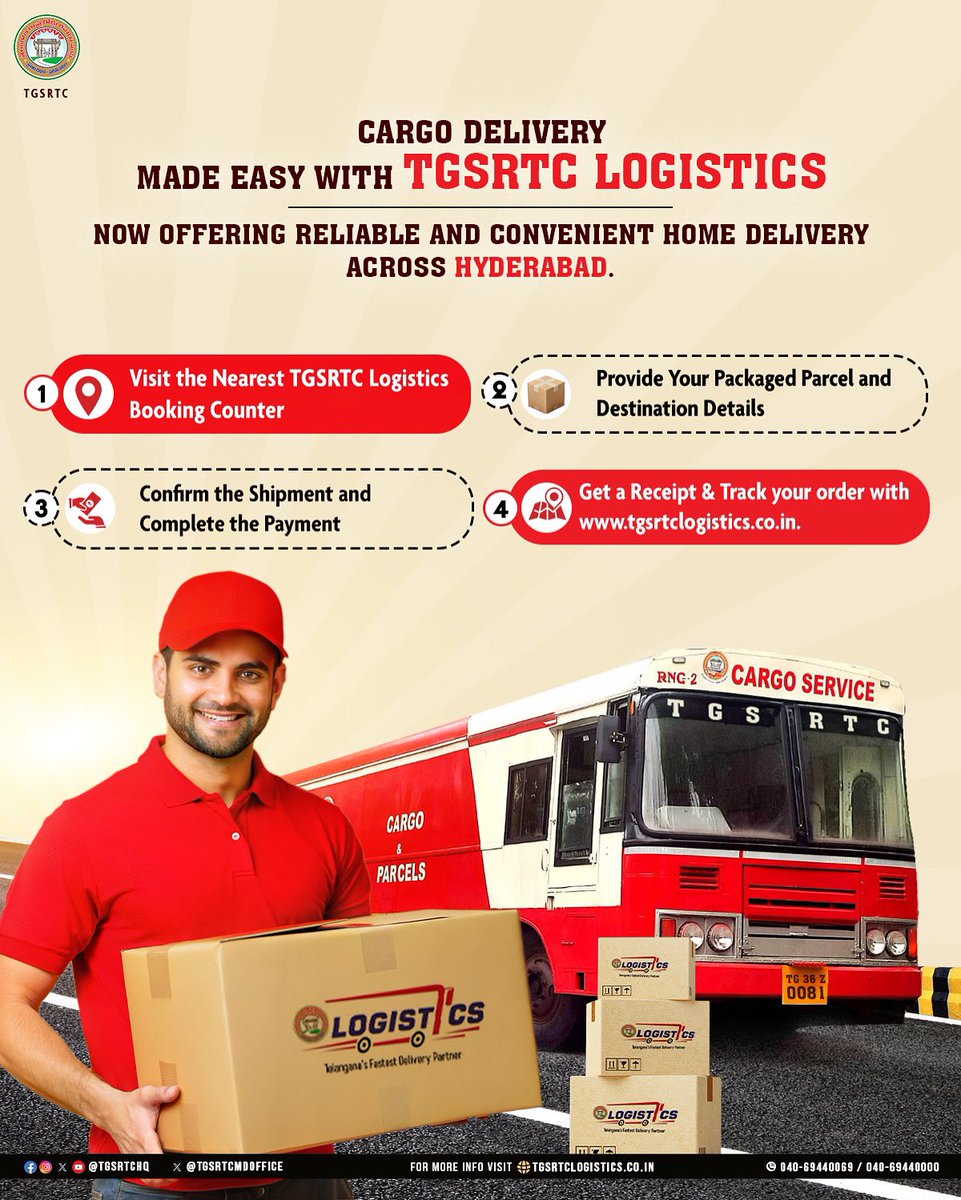 TGSRTC (@tgsrtchq) on Twitter photo Delivering trust with every shipment.
Choose TGSRTC Logistics – Telangana’s fastest and most reliable cargo service.
For more information, visit tgsrtclogistics.co.in
<a href="/revanth_anumula/">Revanth Reddy</a> <a href="/Ponnam_INC/">Ponnam Prabhakar</a> <a href="/TelanganaCMO/">Telangana CMO</a> <a href="/SajjanarVC/">V.C. Sajjanar, IPS</a>
#TGSRTC #Telangana #Hyderabad #Cargo #Logistics Delivering trust with every shipment.
Choose TGSRTC Logistics – Telangana’s fastest and most reliable cargo service.
For more information, visit tgsrtclogistics.co.in
<a href="/revanth_anumula/">Revanth Reddy</a> <a href="/Ponnam_INC/">Ponnam Prabhakar</a> <a href="/TelanganaCMO/">Telangana CMO</a> <a href="/SajjanarVC/">V.C. Sajjanar, IPS</a>
#TGSRTC #Telangana #Hyderabad #Cargo #Logistics