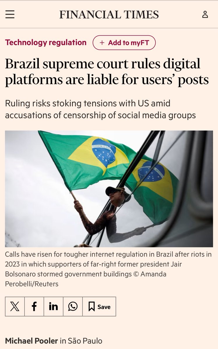 🇧🇷 “Supremo Tribunal Federal decide que plataformas digitais são responsáveis ​​pelas postagens dos usuários

Decisão corre o risco de atiçar tensões com os EUA em meio a acusações de censura a grupos de redes sociais.”

Parabens aos envolvidos. 🤐