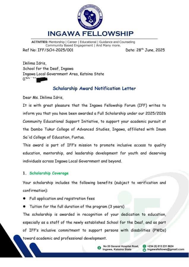 MS Ingawa (@msingawa) on Twitter photo MILESTONE
I am happy to share that <a href="/Ingawafellows/">Ingawa Fellowship Forum</a> has awarded a fully funded scholarship to 2 persons with disability in Ingawa LG to support their special education.
These are also the first batch of scholarship awards by the forum.
Alhamdulillah MILESTONE
I am happy to share that <a href="/Ingawafellows/">Ingawa Fellowship Forum</a> has awarded a fully funded scholarship to 2 persons with disability in Ingawa LG to support their special education.
These are also the first batch of scholarship awards by the forum.
Alhamdulillah
