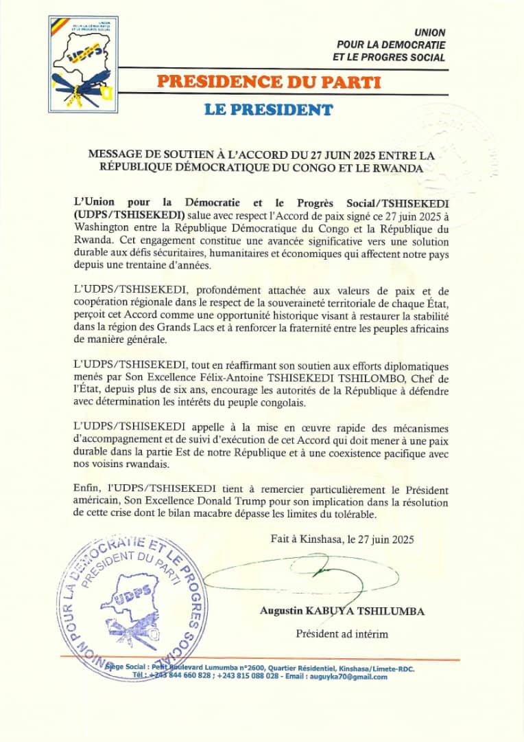🟦 PRÉSIDENCE DU PARTI : MESSAGE DE SOUTIEN À L'ACCORD DE PAIX DU 27 JUIN 2025 ENTRE LA RÉPUBLIQUE DÉMOCRATIQUE DU CONGO ET LA RÉPUBLIQUE DU RWANDA.