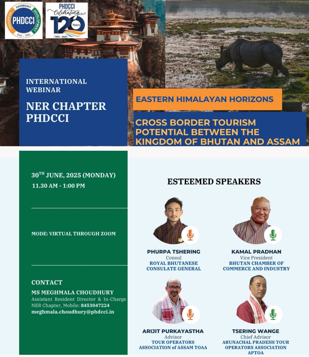 dibarijit's tweet image. Join the Zoom Webinar hosted by PHDCCI (NER Chapter):
Date & Time: June 30, 2025 | 11:30 AM
Topic: Eastern Himalayan Horizons – Cross Border Tourism between Bhutan & Assam
Register now: zoom.us/webinar/regist…
#CrossBorderTourism
#AssamBhutanConnect
#AssamToBhutan
#TOAA
#PHDCCI
