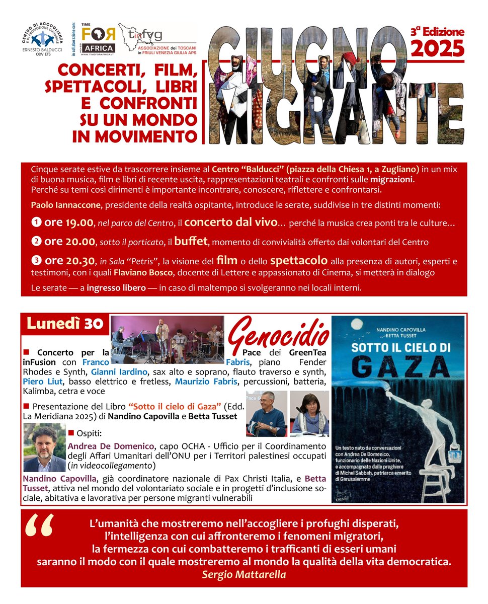 "Sotto il cielo di #Gaza . Si conclude con un libro e lo sguardo di tutti noi rivolto agli orrori e ai crimini in atto da 21 mesi nella Striscia il nostro Giugno Migrante. Come sempre, vi sarà anche musica dal vivo e convivialità intorno a un buffet. <a href="/IcsOnlus/">ICS Ufficio Rifugiati Onlus</a> <a href="/vicinolontano/">vicino/lontano</a>