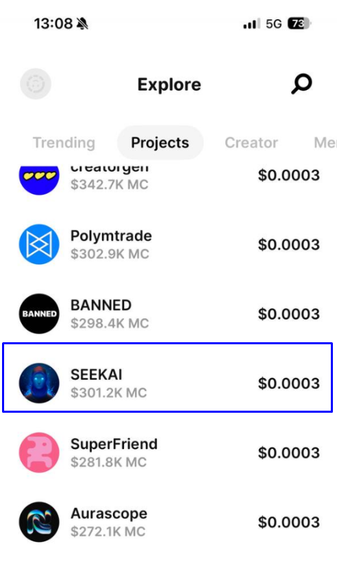 Great news! 
$SEEKAI is now showing in the Projects section on the Believe APP mobile version.

When PC version? #BUILDING 🛠️ 
Thanks <a href="/believeapp/">Believe</a>  team.