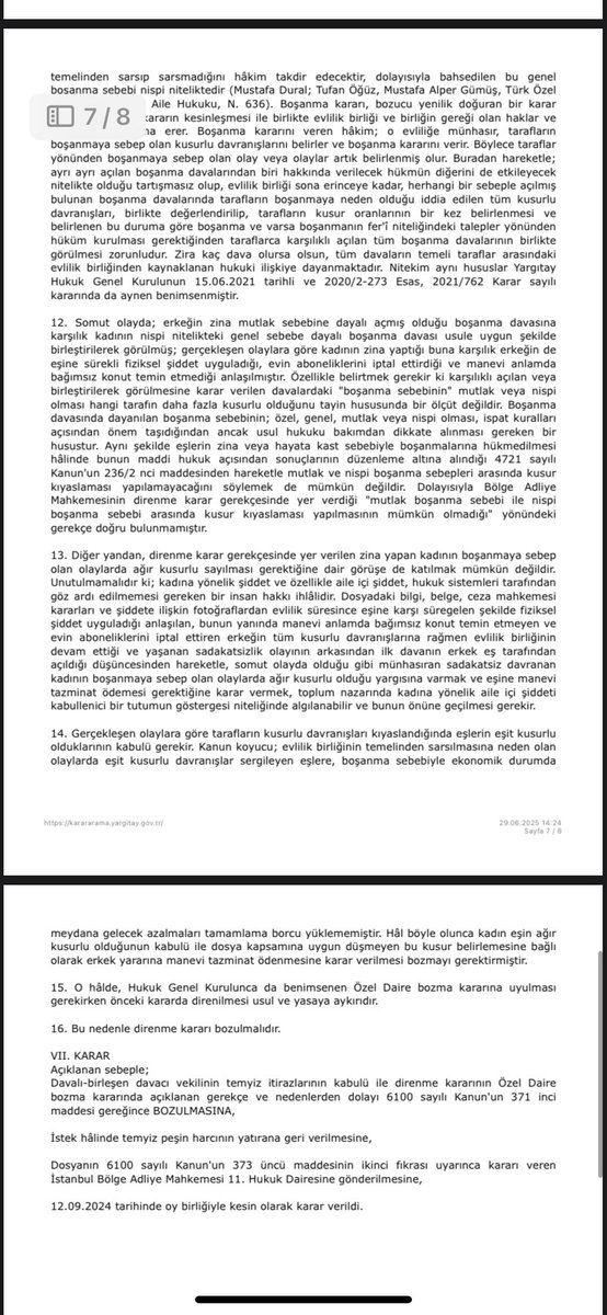 ehukuk1's tweet photo. Kadının zina yapmış olması, boşanma davasında tek başına ağır kusurlu sayılmasını gerektirmez.

(Yarg. HGK 2024/415 E. 2024/422 K.)