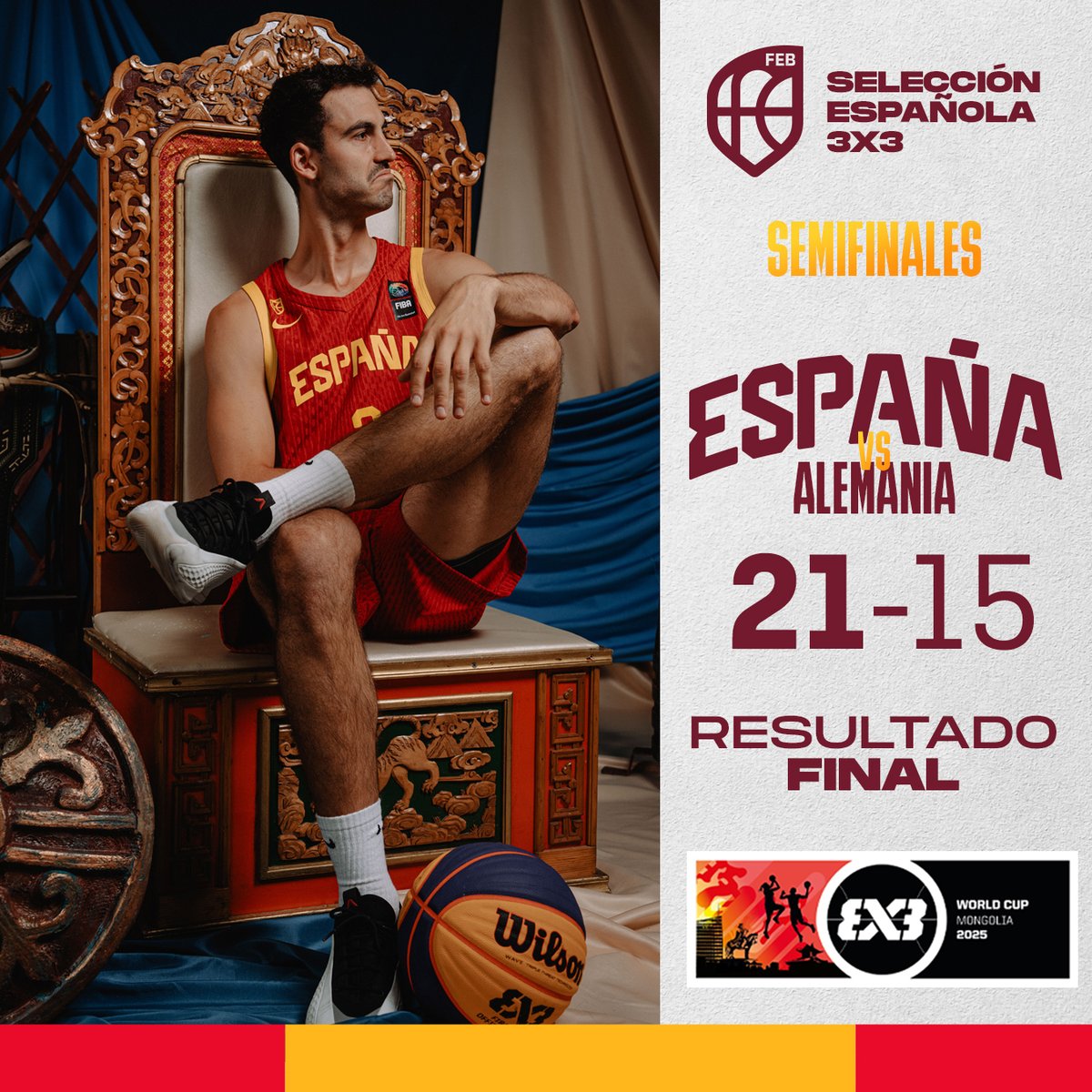 Baloncesto España (@baloncestoesp) on Twitter photo Estamos en la FINAL de la Copa del Mundo‼️
🏆 Semis #3x3WC
🇪🇸🆚🇩🇪 (21-15)
📌 Ulán Bator 🇲🇳
📺 Youtube <a href="/FIBA3x3/">3x3 Basketball | FIBA3x3</a>
#SelMAS3x3 🇪🇸 #SomosEquipo Estamos en la FINAL de la Copa del Mundo‼️
🏆 Semis #3x3WC
🇪🇸🆚🇩🇪 (21-15)
📌 Ulán Bator 🇲🇳
📺 Youtube <a href="/FIBA3x3/">3x3 Basketball | FIBA3x3</a>
#SelMAS3x3 🇪🇸 #SomosEquipo