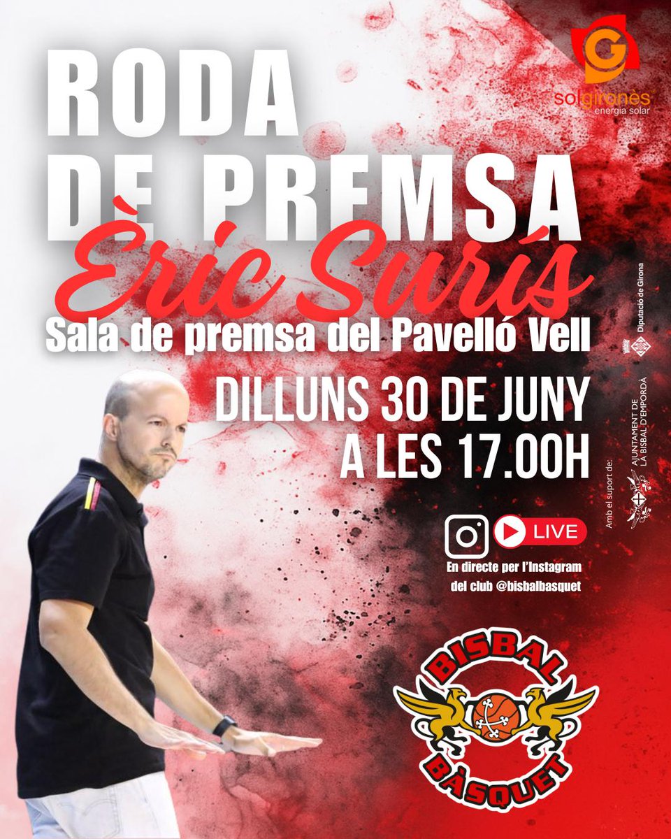 📆 Demà 
⌚ 17:00h 
⛪ Pavelló Vell 
🎙️ Presentació i roda de premsa d'Èric Surís

 📲 Segueix-ho en directe per Instagram Live de <a href="/bisbalbasquet/">Bisbal Bàsquet //*//</a>