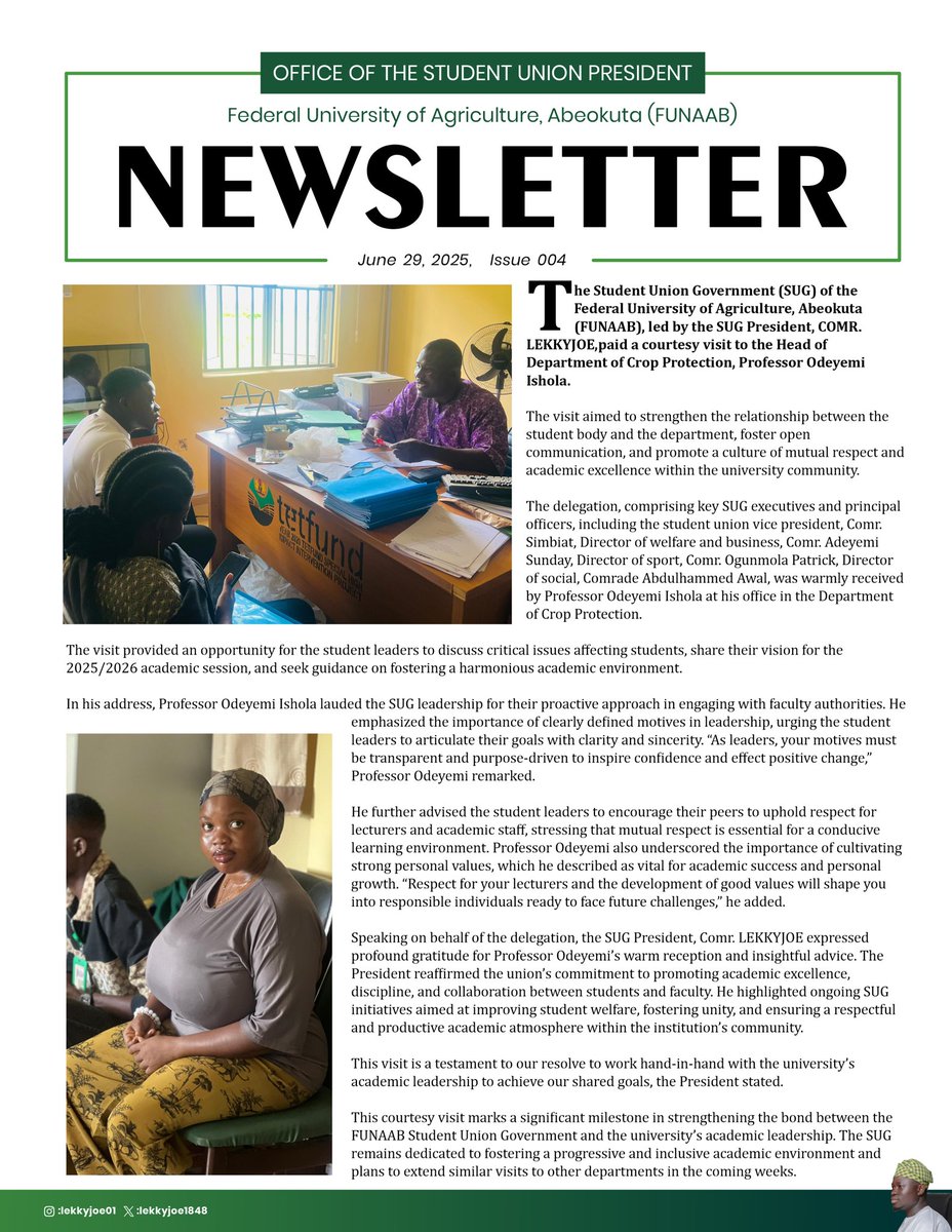 _LEKKYJOE's tweet image. Leading with purpose ✊
Honored to have led the Student Union executives and principal officers on a courtesy visit to our esteemed Pro-Chancellor, Deans, and HODs. Together, we’re fostering unity and progress for our great institution.
Read all about it in our latest bulletin.