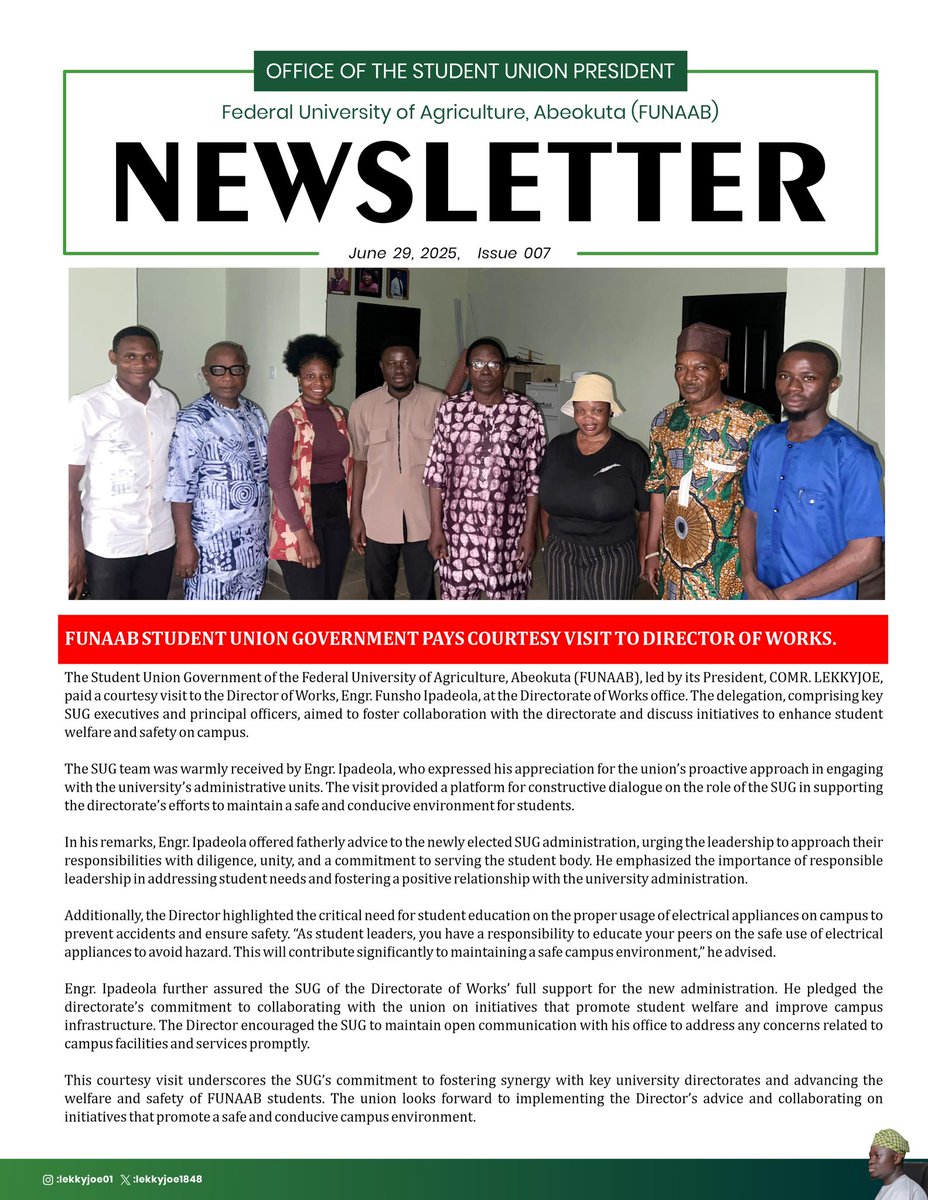 _LEKKYJOE's tweet image. Leading with purpose ✊
Honored to have led the Student Union executives and principal officers on a courtesy visit to our esteemed Pro-Chancellor, Deans, and HODs. Together, we’re fostering unity and progress for our great institution.
Read all about it in our latest bulletin.