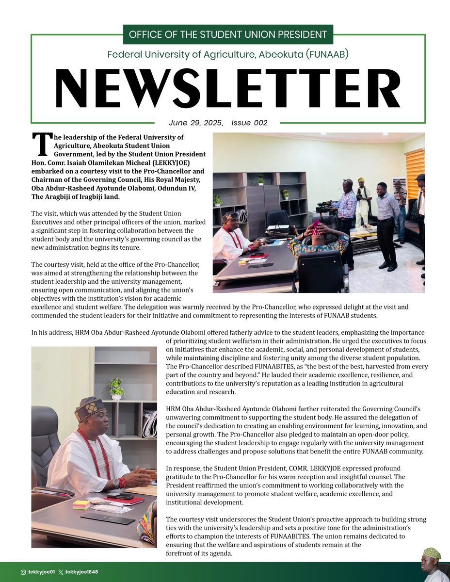 _LEKKYJOE's tweet image. Leading with purpose ✊
Honored to have led the Student Union executives and principal officers on a courtesy visit to our esteemed Pro-Chancellor, Deans, and HODs. Together, we’re fostering unity and progress for our great institution.
Read all about it in our latest bulletin.