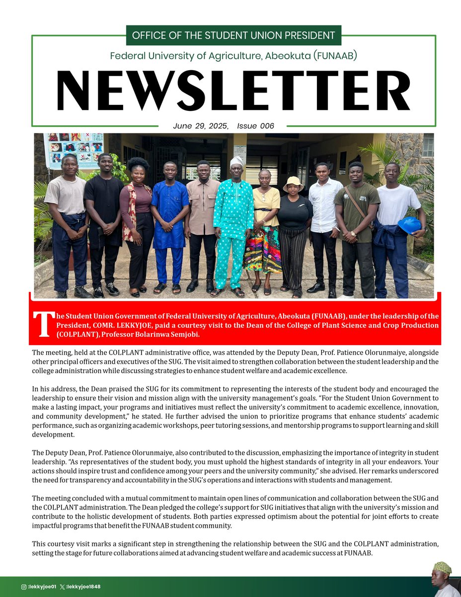 _LEKKYJOE's tweet image. Leading with purpose ✊
Honored to have led the Student Union executives and principal officers on a courtesy visit to our esteemed Pro-Chancellor, Deans, and HODs. Together, we’re fostering unity and progress for our great institution.
Read all about it in our latest bulletin.