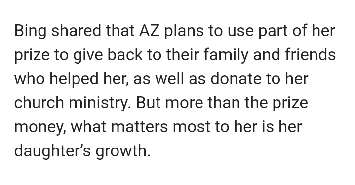 saintlella's tweet photo. “az plans to use part of her prize to give back to their family and friends who helped her, as well as donate to her church ministry.”

grabe ka aza you never fail to make us proud! ☹️🤍

BBS AZVER https://t.co/Y8NO2IlQdQ