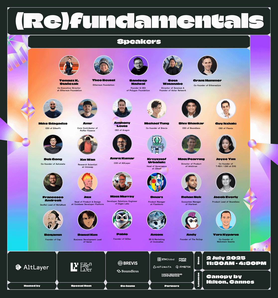 AltLayer (@alt_layer) on Twitter photo 📅 🟣(Re)fundamentals is almost here!
Ready for THE <a href="/EthCC/">EthCC - Ethereum Community Conference</a> side event?
Host: AltLayer
Special Host: <a href="/eigenlayer/">EigenCloud</a>
Co-hosts: <a href="/brevis_zk/">Brevis</a> & <a href="/boundless_xyz/">Boundless</a>
In partnership with <a href="/ETHGlobal/">ETHGlobal</a>, <a href="/MetaMask/">MetaMask.eth 🦊</a>, <a href="/AutomataNetwork/">Automata Network</a>, <a href="/FhenixIO/">Fhenix</a> & <a href="/mpost_io/">Mpost Media Group</a>
Packed lineup for 2 July! 👇 🏖️ 📅 🟣(Re)fundamentals is almost here!
Ready for THE <a href="/EthCC/">EthCC - Ethereum Community Conference</a> side event?
Host: AltLayer
Special Host: <a href="/eigenlayer/">EigenCloud</a>
Co-hosts: <a href="/brevis_zk/">Brevis</a> & <a href="/boundless_xyz/">Boundless</a>
In partnership with <a href="/ETHGlobal/">ETHGlobal</a>, <a href="/MetaMask/">MetaMask.eth 🦊</a>, <a href="/AutomataNetwork/">Automata Network</a>, <a href="/FhenixIO/">Fhenix</a> & <a href="/mpost_io/">Mpost Media Group</a>
Packed lineup for 2 July! 👇 🏖️