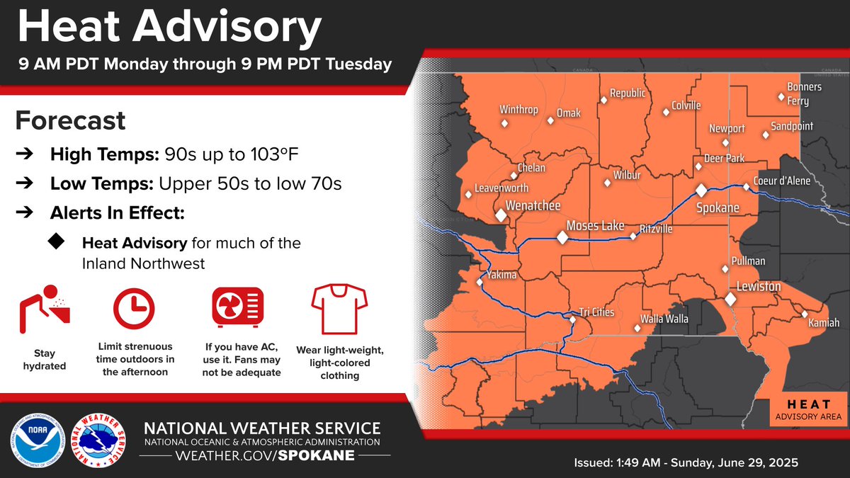 Heat advisories are in effect for Monday &amp; Tuesday across the Inland Northwest. Highs in the 90s to low 100s and lows in the upper 50s to low 70s will increase the risk for heat-related illness for anyone without effective cooling &amp; adequate hydration. weather.gov/Spokane