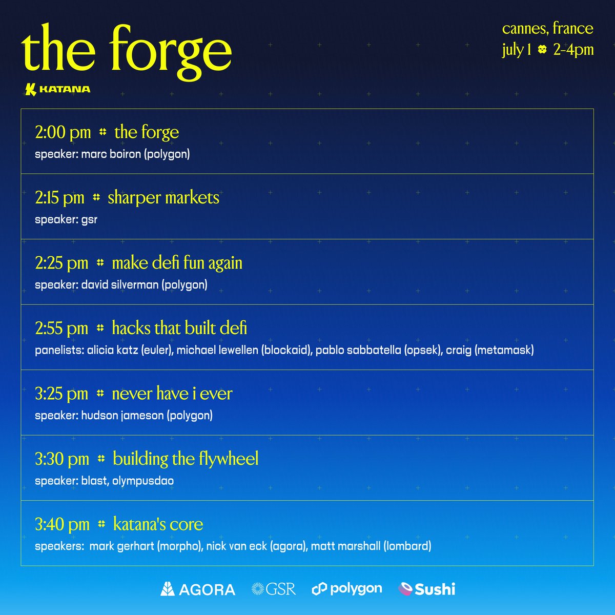 Nofuturistic.eth 👻 (@nofuturephoto) on Twitter photo After Vibeforge, the team has curated an action packed day of speakers and panels to satisfy your every <a href="/katana/">katana ⚔️</a> need
Speakers include <a href="/0xMarcB/">Marc, the Degen CEO of Polygon Labs (💜,⚔️, ※)</a>, <a href="/davidesilverman/">davidev.eth 💜</a>, <a href="/GSR_io/">GSR</a>, <a href="/hudsonjameson/">Hudson Jameson</a>, <a href="/Nick_van_Eck/">Nick van Eck</a> and more After Vibeforge, the team has curated an action packed day of speakers and panels to satisfy your every <a href="/katana/">katana ⚔️</a> need
Speakers include <a href="/0xMarcB/">Marc, the Degen CEO of Polygon Labs (💜,⚔️, ※)</a>, <a href="/davidesilverman/">davidev.eth 💜</a>, <a href="/GSR_io/">GSR</a>, <a href="/hudsonjameson/">Hudson Jameson</a>, <a href="/Nick_van_Eck/">Nick van Eck</a> and more