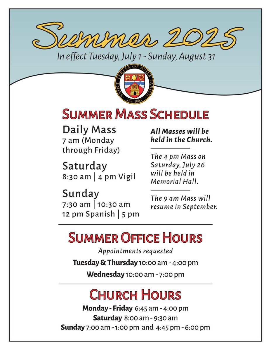Please note our Summer Parish Schedule. ☀️