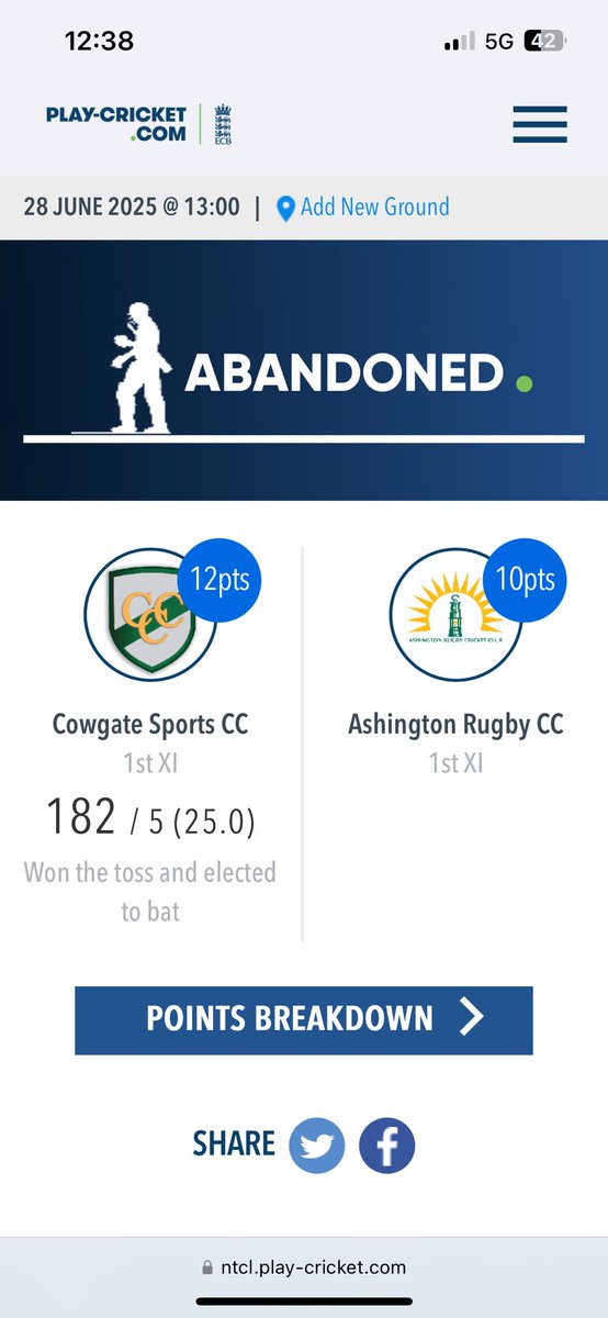 Ashington Rugby CC (@ashrugcc) on Twitter photo 1st result: game abandoned at <a href="/CowgateCC/">Cowgate CC</a>
Cowgate made 182/5 batting first but the weather won out in the end
Scorecard 👉 ntcl.play-cricket.com/website/result… 1st result: game abandoned at <a href="/CowgateCC/">Cowgate CC</a>
Cowgate made 182/5 batting first but the weather won out in the end
Scorecard 👉 ntcl.play-cricket.com/website/result…
