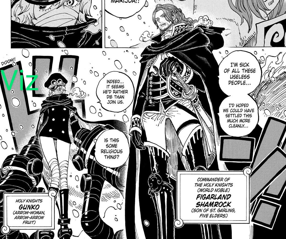 Demonfleet12's tweet photo. 🚨The latest One Piece volume changes some details from Jump version; Gunko belongs to the **Mamayer** family.🔥 It also reveals she’s called “Gunko Gū” like Charlia Gū, and Shamrock is called “Saint Shamrock" in the introduction box. https://t.co/9vMod2NAgQ