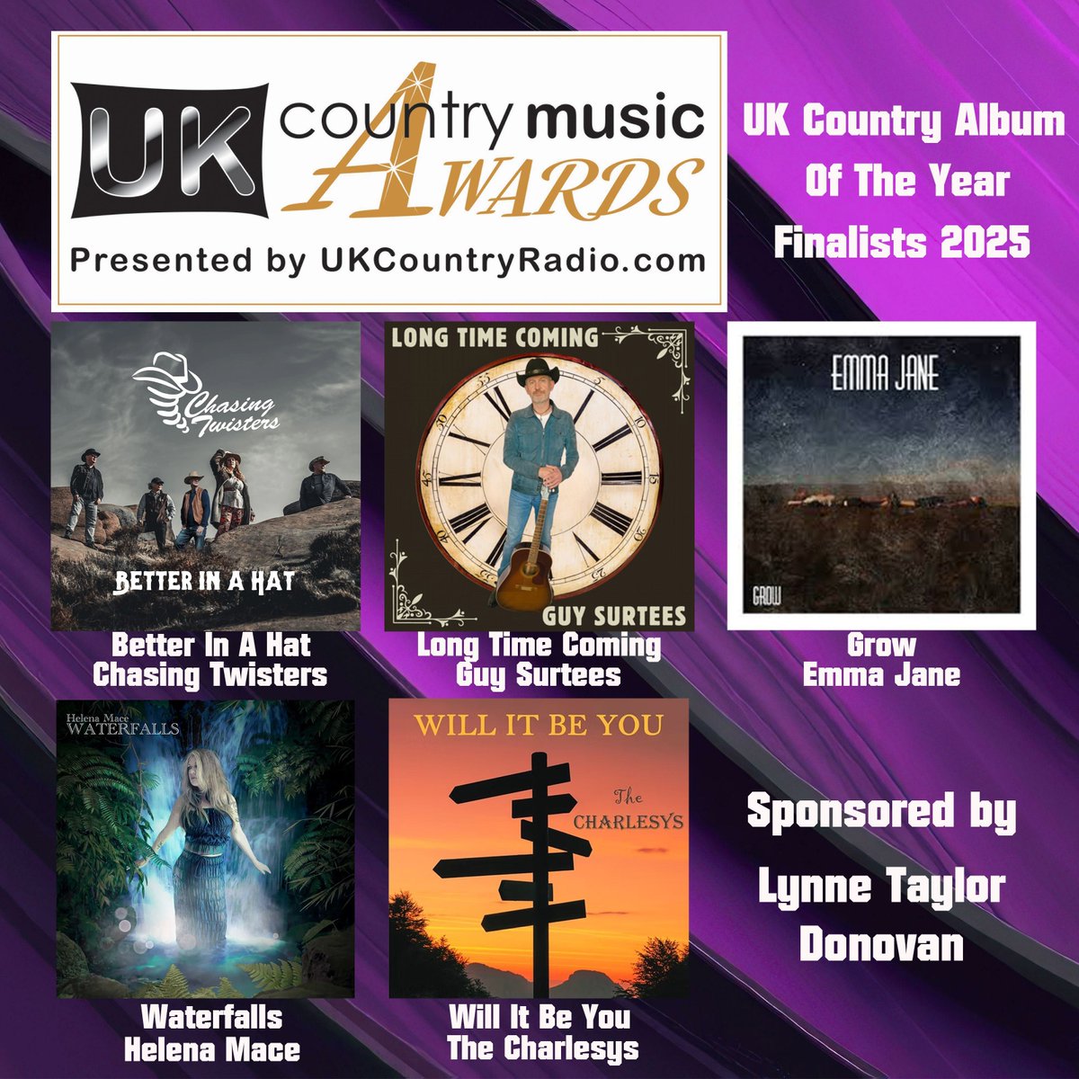 Congratulations to the finalists for UK Country Album of the Year:

Better In A Hat - @chasin_twisters
Grow - Emma Jane 
Long Time Coming - Guy Surtees
Waterfalls - Helena Mace
Will It Be You - <a href="/charlesy_songs/">Charlesy</a>

Thank you to <a href="/LynneTDonovan/">Lynne Taylor Donovan</a> for sponsoring this award.