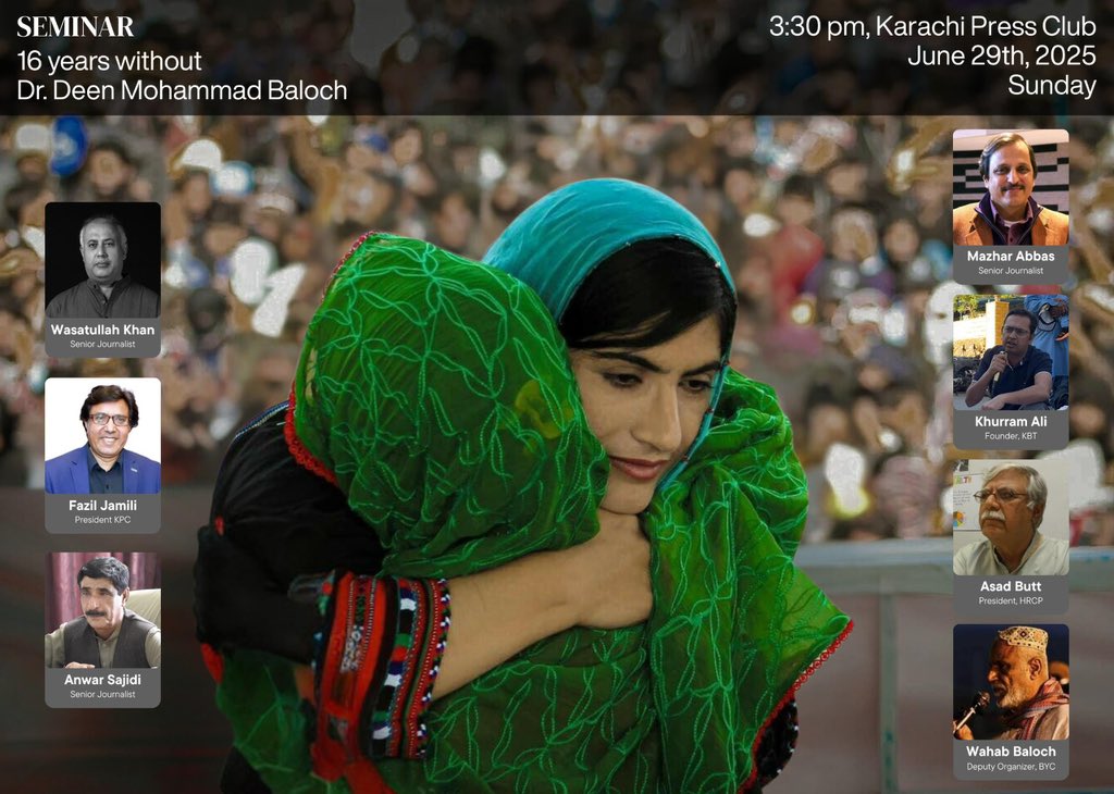 Nida Kirmani (@nidakirmani) on Twitter photo Seminar marking 16 years since the disappearance of Dr. Deen Mohammad Baloch at the Karachi Press Club being held now. Please join <a href="/SammiBaluch/">Sammi Deen Baloch</a> & <a href="/Mehlab_Deen/">Mehlab Deen Baloch</a> in demanding their father's release & an end to the cruel & inhuman practice of enforced disappearances. Seminar marking 16 years since the disappearance of Dr. Deen Mohammad Baloch at the Karachi Press Club being held now. Please join <a href="/SammiBaluch/">Sammi Deen Baloch</a> & <a href="/Mehlab_Deen/">Mehlab Deen Baloch</a> in demanding their father's release & an end to the cruel & inhuman practice of enforced disappearances.
