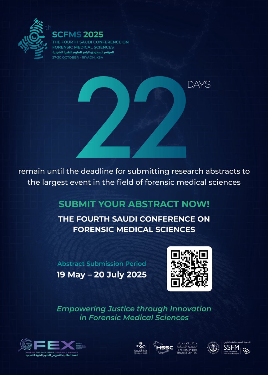 ٢٢ يوم على انتهاء الفترة المحددة لرفع الاوراق العلمية في #المؤتمر_السعودي_الرابع_للعلوم_الطبية_الشرعية ⌛️
بادر بالتسجيل الان📃😍

#SCFMS2025

scfms.org