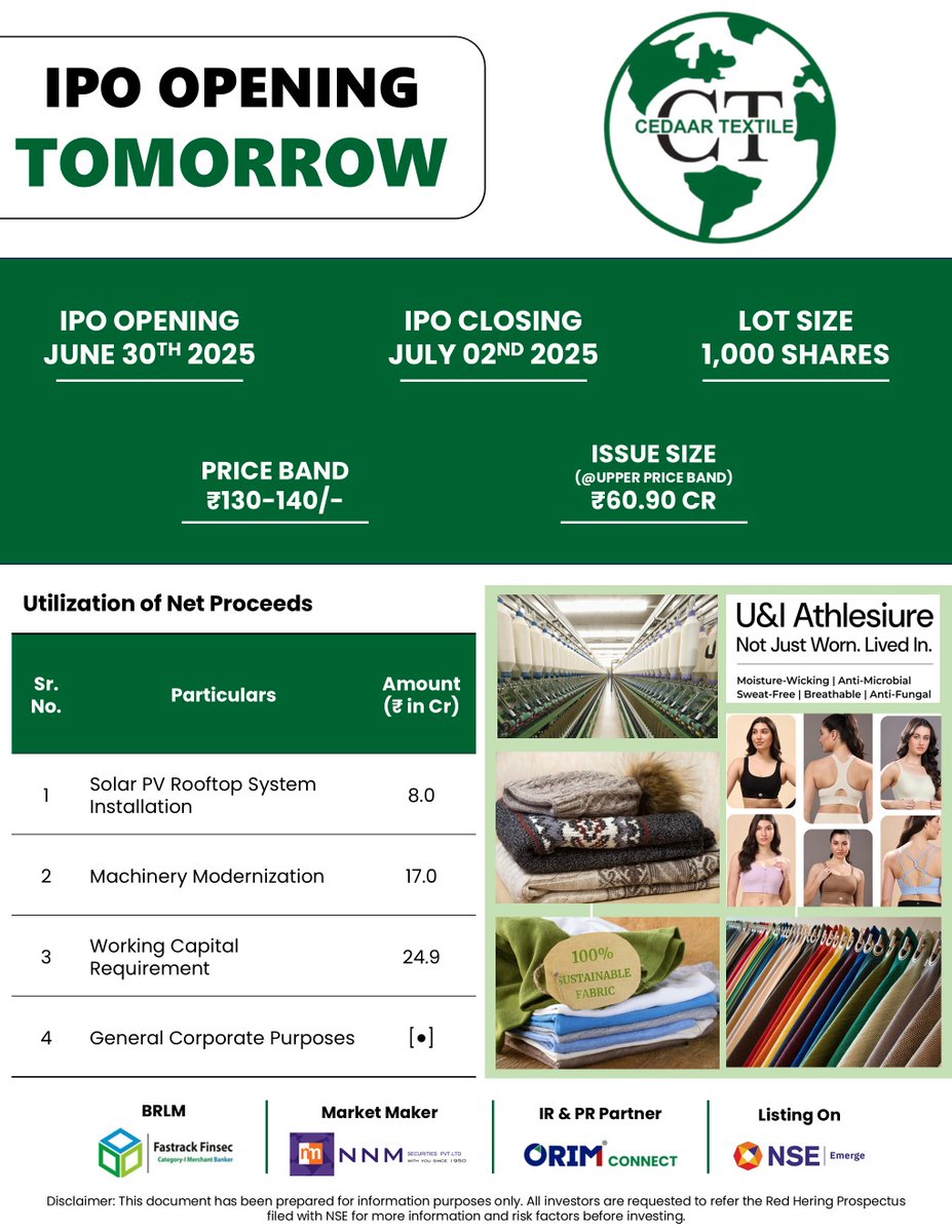 ORIMCONNECT's tweet image. #CedaarTextile Limited! 

IPO Opening Tomorrow: June 30, 2025

IPO Closes: July 2, 2025