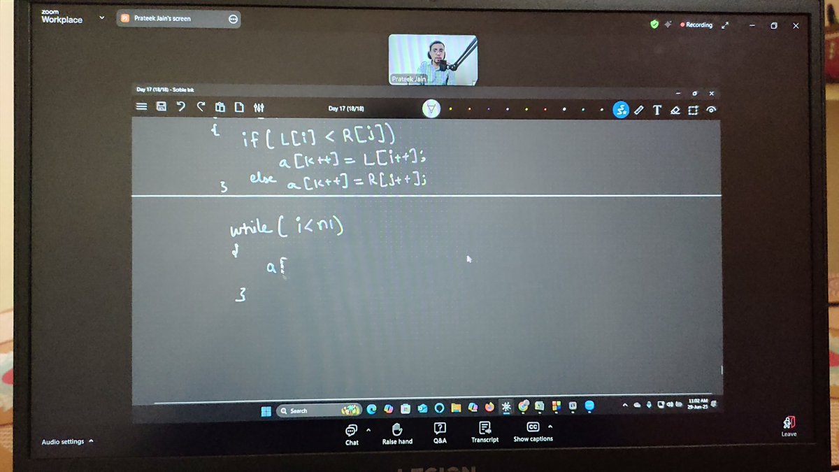 pushpendra_1000's tweet image. Back in the track 🤠
Today I took the 2nd  live class of sorting algorithm to understand and implement them.
- Merge sort
- Quick sort 
- Heap sort 

@ChaiCodeHQ
@PrateekJain027 
#sorting #dsalgo