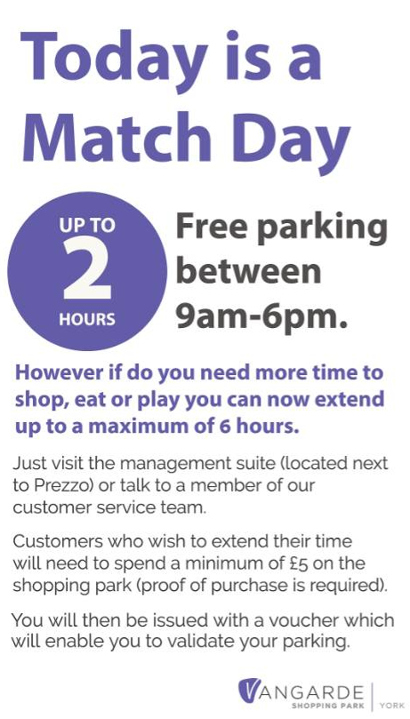 Match day today! Check out the image for all the parking info on the day! 

#Matchday #visityork #iloveyork #yorkmix #york #visityorkshire #Vangarde #shoplocal #vangardeyorkshopping