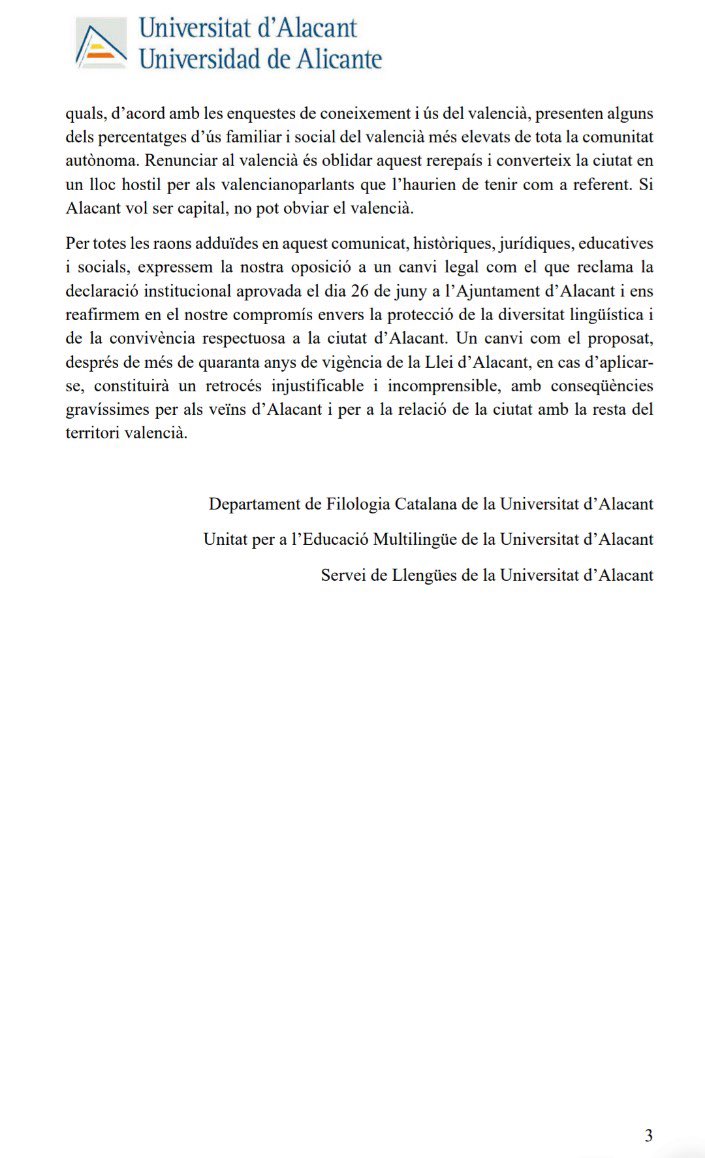 Maestrat Viu dona suport al comunicat del Departament de Filologia Catalana de la Universitat d’Alacant sobre la declaració institucional de la ciutat com a zona de predomini lingüístic castellà aprovada pel Ple Municipal de l’Ajuntament d’Alacant.
